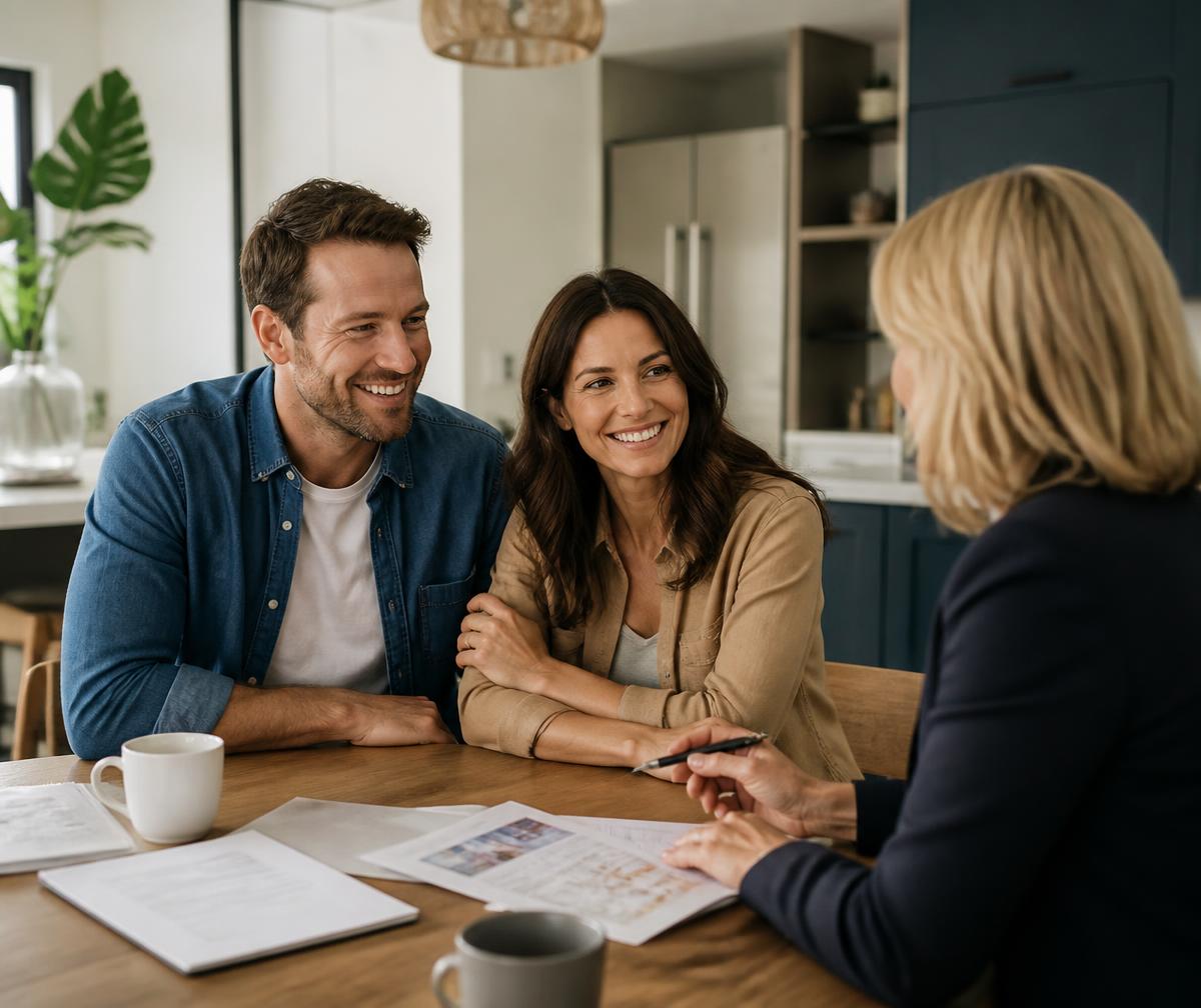 Homeowners reviewing property details with a real estate agent